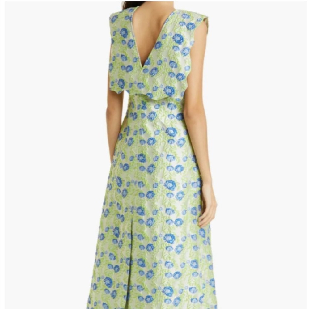 GANNI FLORAL JACQUARD RECYCLED FIBER BLEND A-LINE MIDI GREEN DRESS
